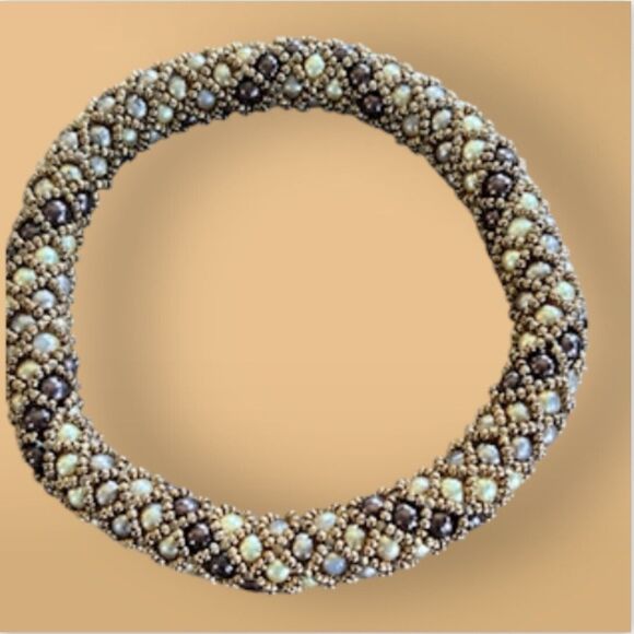 Peyote Stitch Bangle Bracelet  Swarovski Pearls Brown/Cream and  beads - Picture 3 of 4